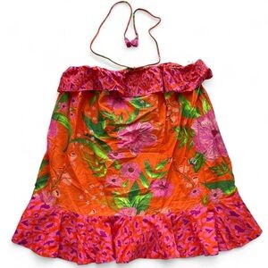 FARM Rio Orange Floral Ruffle Mini Dress with Pink & Green Accents